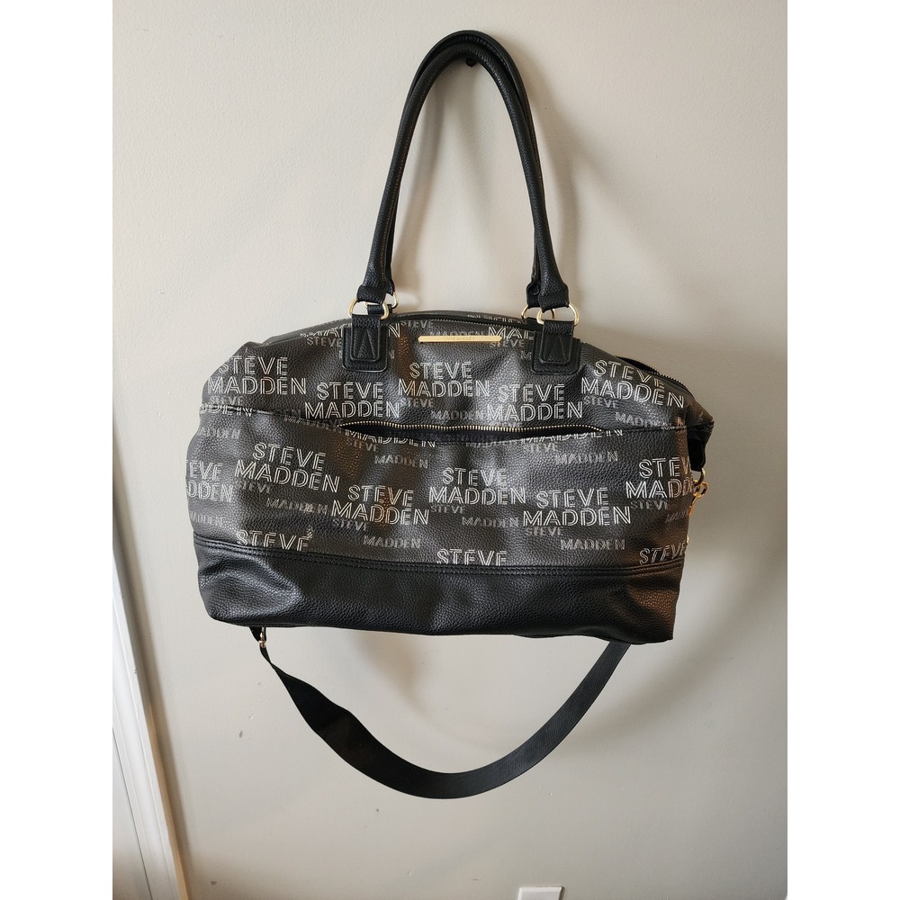 Steve Madden Black Logo Print Weekender Duffle Bag Crossbody Travel Tote